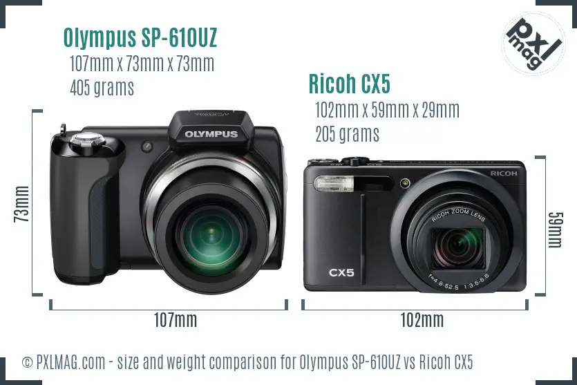 Olympus SP-610UZ vs Ricoh CX5 size comparison