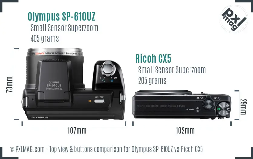 Olympus SP-610UZ vs Ricoh CX5 top view buttons comparison