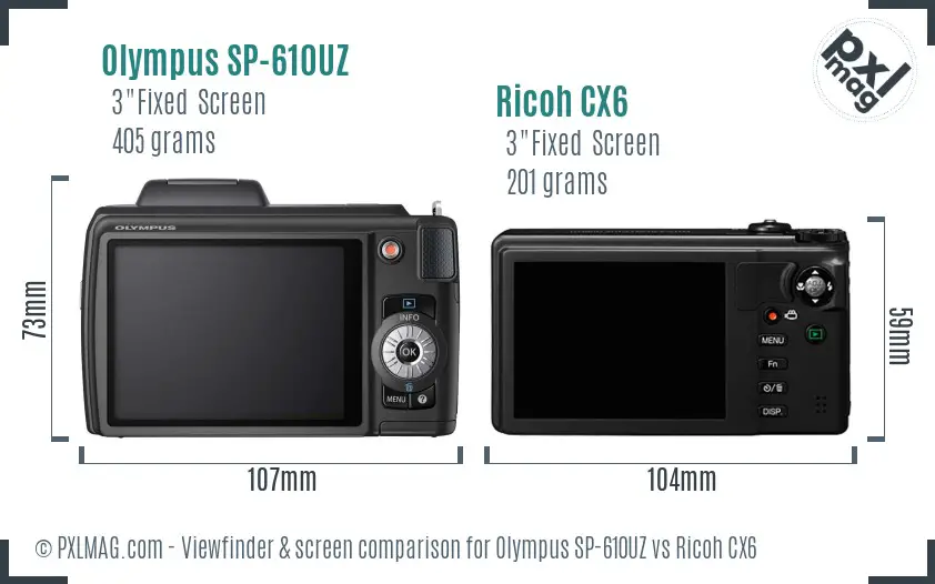 Olympus SP-610UZ vs Ricoh CX6 Screen and Viewfinder comparison