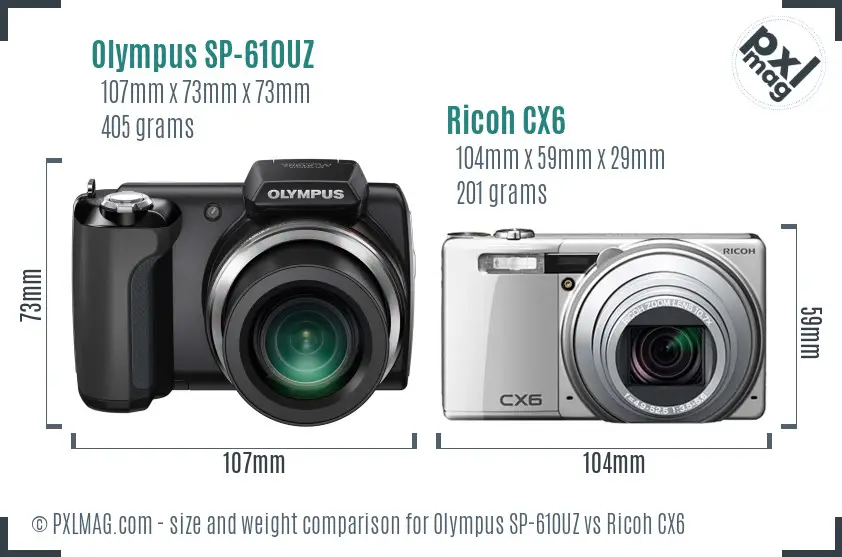 Olympus SP-610UZ vs Ricoh CX6 size comparison