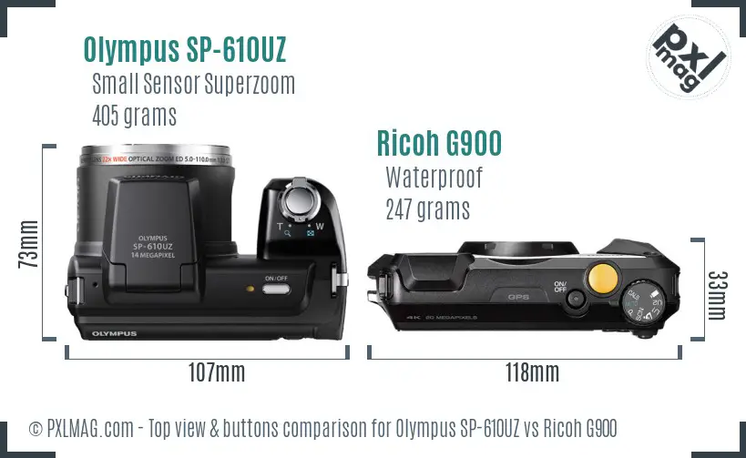 Olympus SP-610UZ vs Ricoh G900 top view buttons comparison