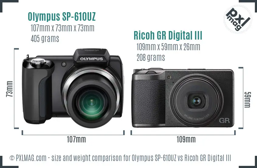 Olympus SP-610UZ vs Ricoh GR Digital III size comparison Olympus SP-610UZ vs Ricoh GR Digital III size comparison