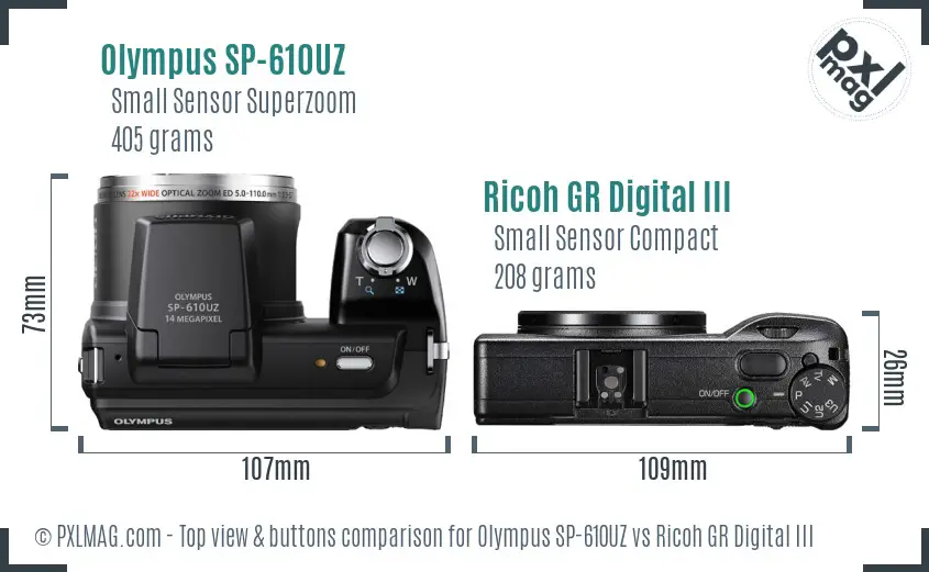 Olympus SP-610UZ vs Ricoh GR Digital III top view buttons comparison Olympus SP-610UZ vs Ricoh GR Digital III top view buttons comparison