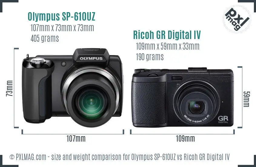 Olympus SP-610UZ vs Ricoh GR Digital IV size comparison Olympus SP-610UZ vs Ricoh GR Digital IV size comparison