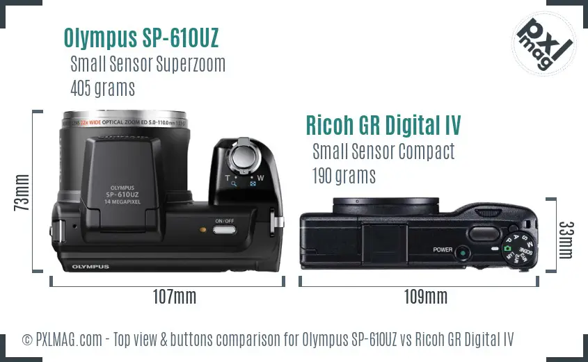 Olympus SP-610UZ vs Ricoh GR Digital IV top view buttons comparison Olympus SP-610UZ vs Ricoh GR Digital IV top view buttons comparison