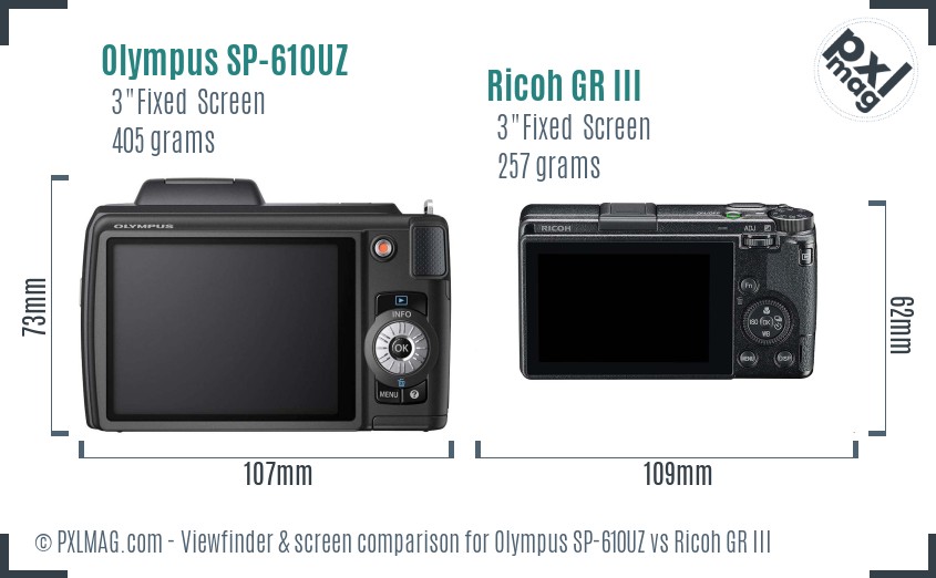 Olympus SP-610UZ vs Ricoh GR III Screen and Viewfinder comparison