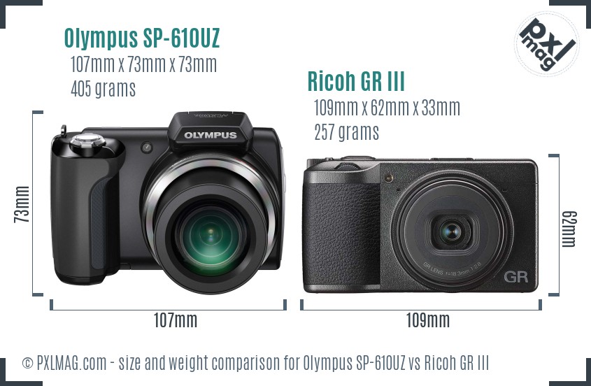 Olympus SP-610UZ vs Ricoh GR III size comparison Olympus SP-610UZ vs Ricoh GR III size comparison
