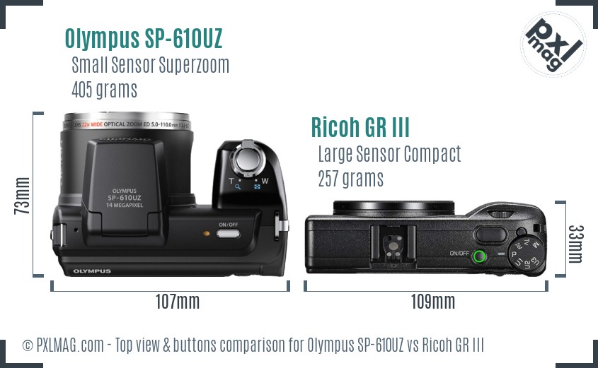 Olympus SP-610UZ vs Ricoh GR III top view buttons comparison