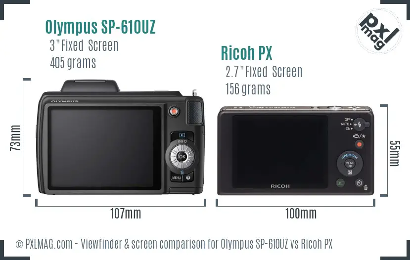 Olympus SP-610UZ vs Ricoh PX Screen and Viewfinder comparison