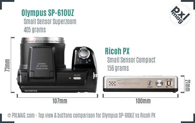 Olympus SP-610UZ vs Ricoh PX top view buttons comparison