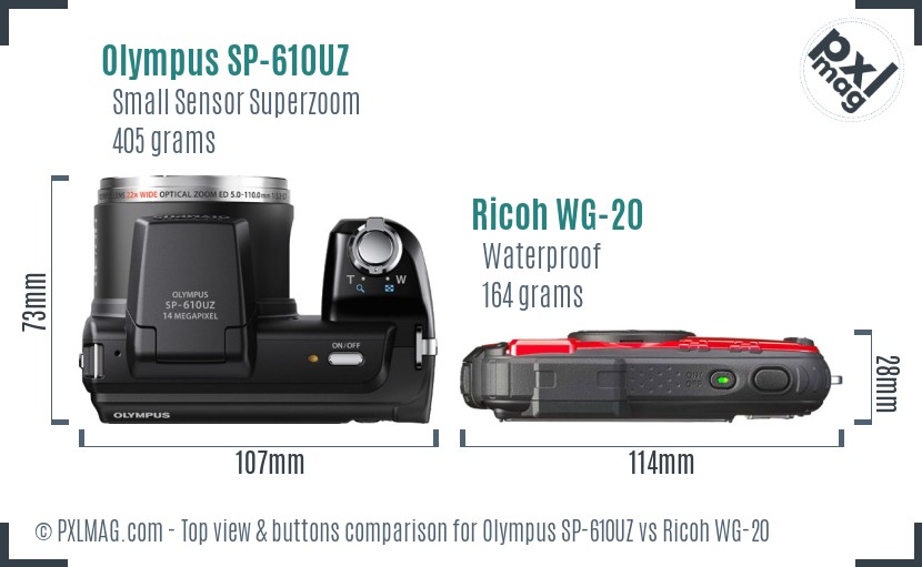 Olympus SP-610UZ vs Ricoh WG-20 top view buttons comparison
