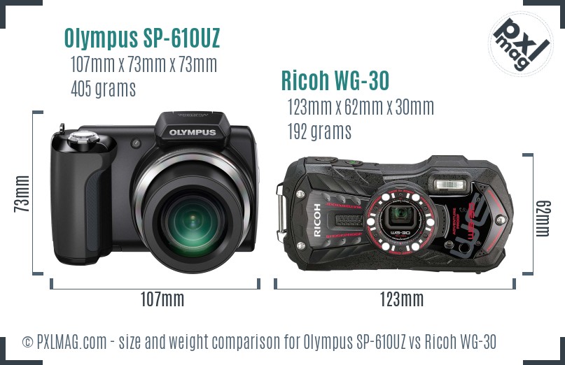 Olympus SP-610UZ vs Ricoh WG-30 size comparison