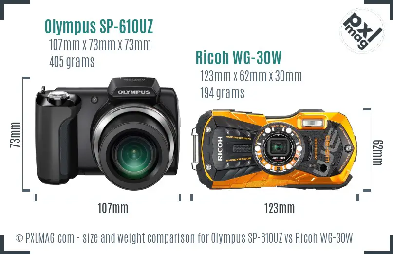 Olympus SP-610UZ vs Ricoh WG-30W size comparison