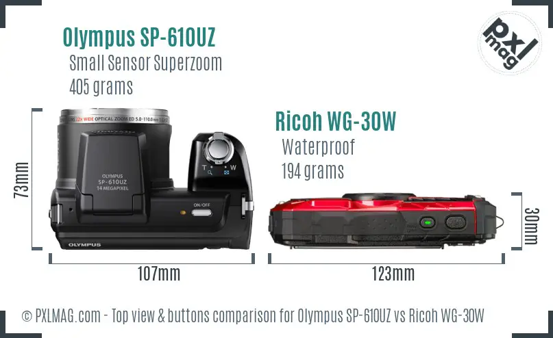 Olympus SP-610UZ vs Ricoh WG-30W top view buttons comparison