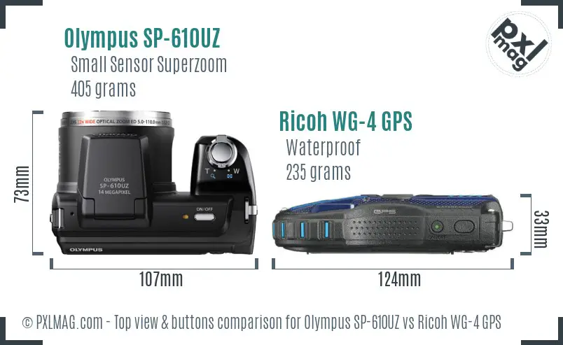 Olympus SP-610UZ vs Ricoh WG-4 GPS top view buttons comparison