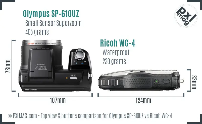Olympus SP-610UZ vs Ricoh WG-4 top view buttons comparison