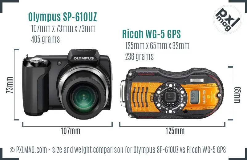 Olympus SP-610UZ vs Ricoh WG-5 GPS size comparison