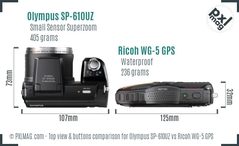Olympus SP-610UZ vs Ricoh WG-5 GPS top view buttons comparison