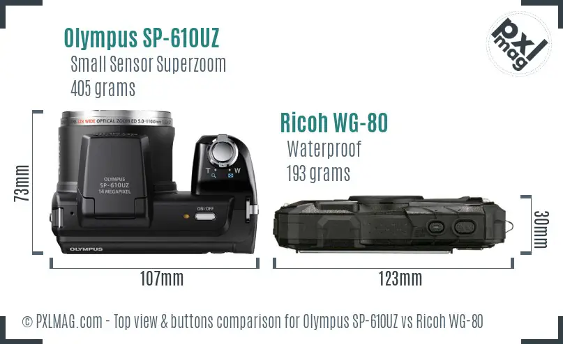Olympus SP-610UZ vs Ricoh WG-80 top view buttons comparison