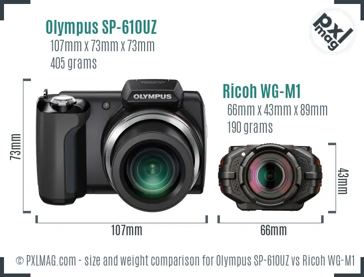 Olympus SP-610UZ vs Ricoh WG-M1 size comparison