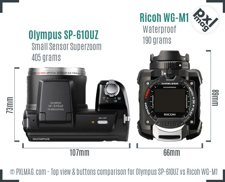 Olympus SP-610UZ vs Ricoh WG-M1 top view buttons comparison