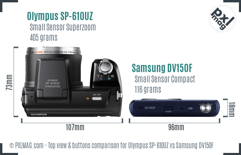 Olympus SP-610UZ vs Samsung DV150F top view buttons comparison