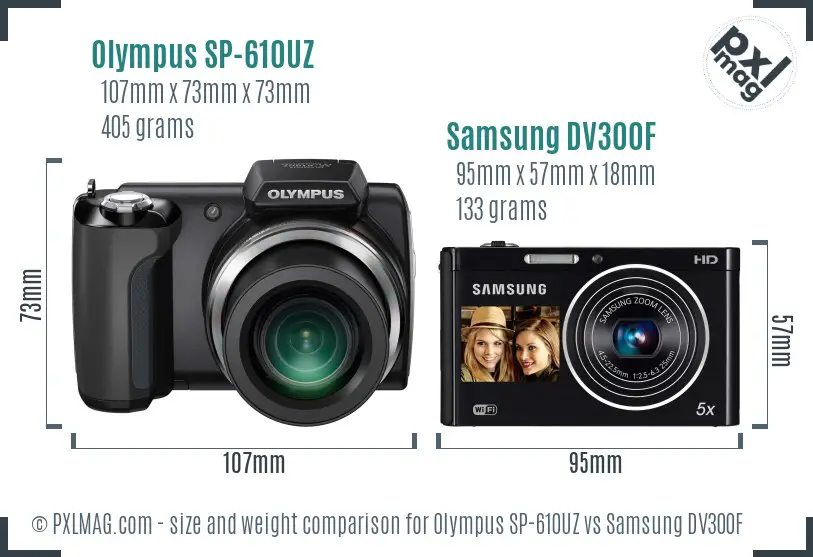 Olympus SP-610UZ vs Samsung DV300F size comparison