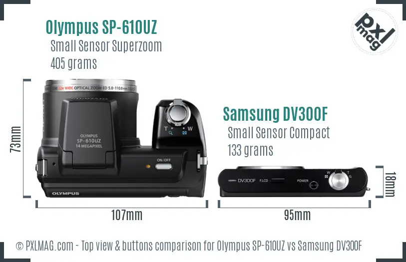 Olympus SP-610UZ vs Samsung DV300F top view buttons comparison