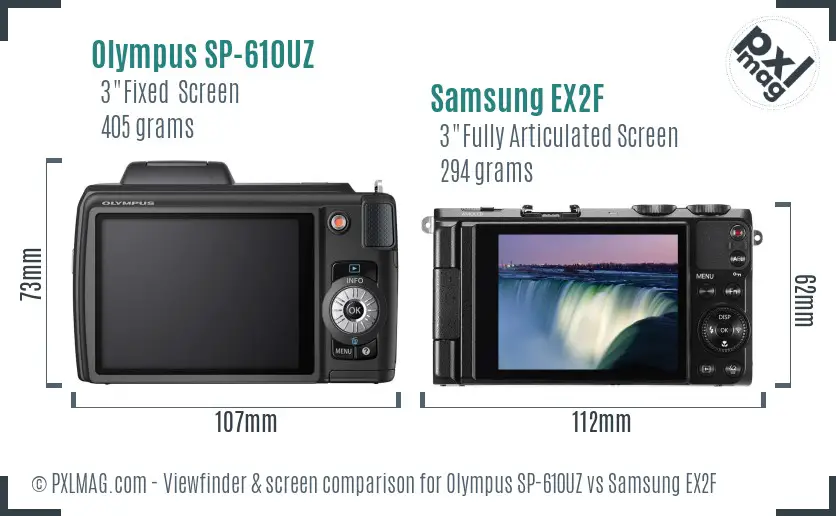 Olympus SP-610UZ vs Samsung EX2F Screen and Viewfinder comparison