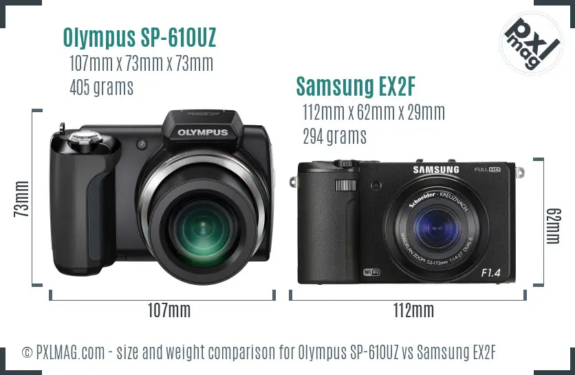 Olympus SP-610UZ vs Samsung EX2F size comparison