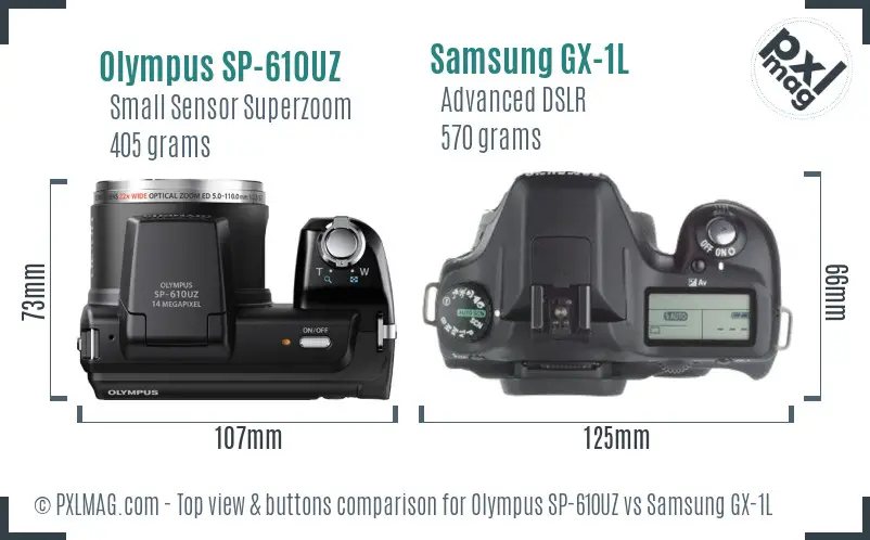 Olympus SP-610UZ vs Samsung GX-1L top view buttons comparison Olympus SP-610UZ vs Samsung GX-1L top view buttons comparison
