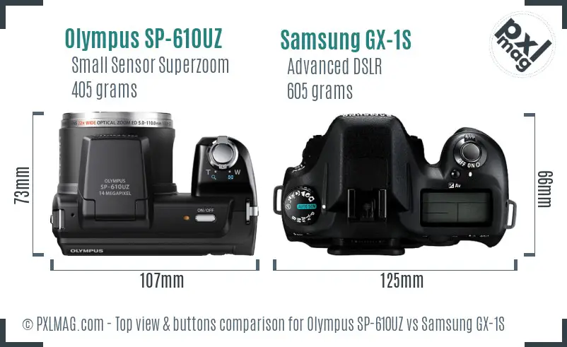 Top view of Olympus SP-610UZ and Samsung GX-1S showcasing control layouts.