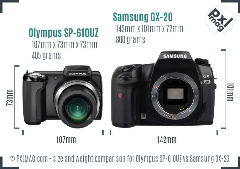 Olympus SP-610UZ vs Samsung GX-20 size comparison Olympus SP-610UZ vs Samsung GX-20 size comparison