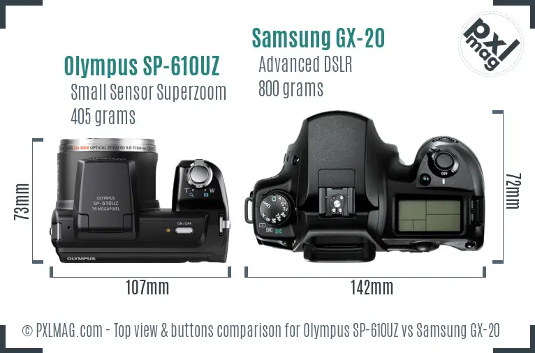 Olympus SP-610UZ vs Samsung GX-20 top view buttons comparison Olympus SP-610UZ vs Samsung GX-20 top view buttons comparison