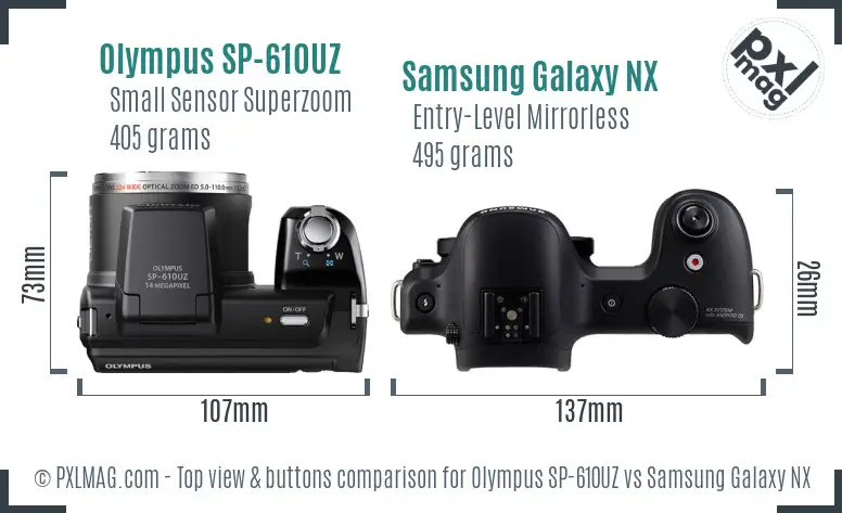 Olympus SP-610UZ vs Samsung Galaxy NX top view buttons comparison Olympus SP-610UZ vs Samsung Galaxy NX top view buttons comparison