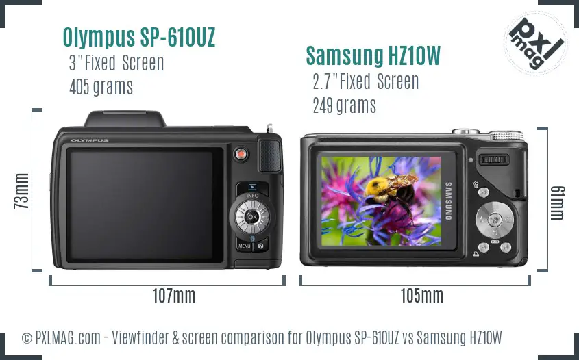 Olympus SP-610UZ vs Samsung HZ10W Screen and Viewfinder comparison