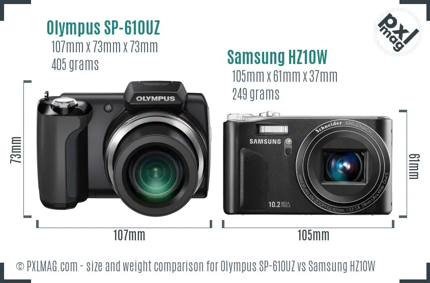 Olympus SP-610UZ vs Samsung HZ10W size comparison