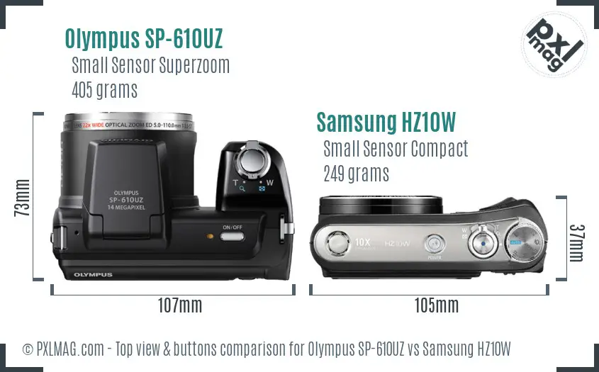 Olympus SP-610UZ vs Samsung HZ10W top view buttons comparison