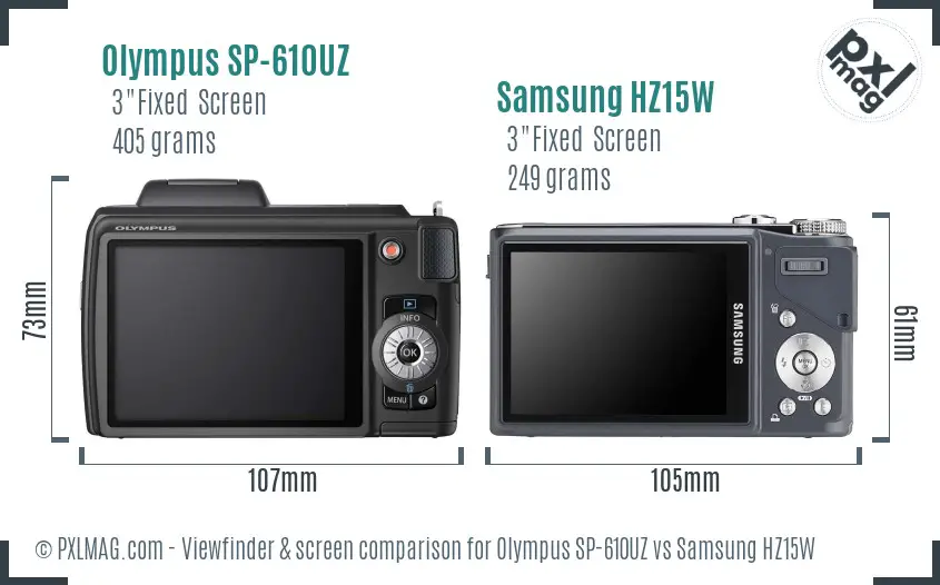 Olympus SP-610UZ vs Samsung HZ15W Screen and Viewfinder comparison