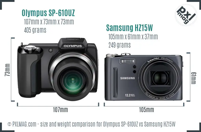 Olympus SP-610UZ vs Samsung HZ15W size comparison