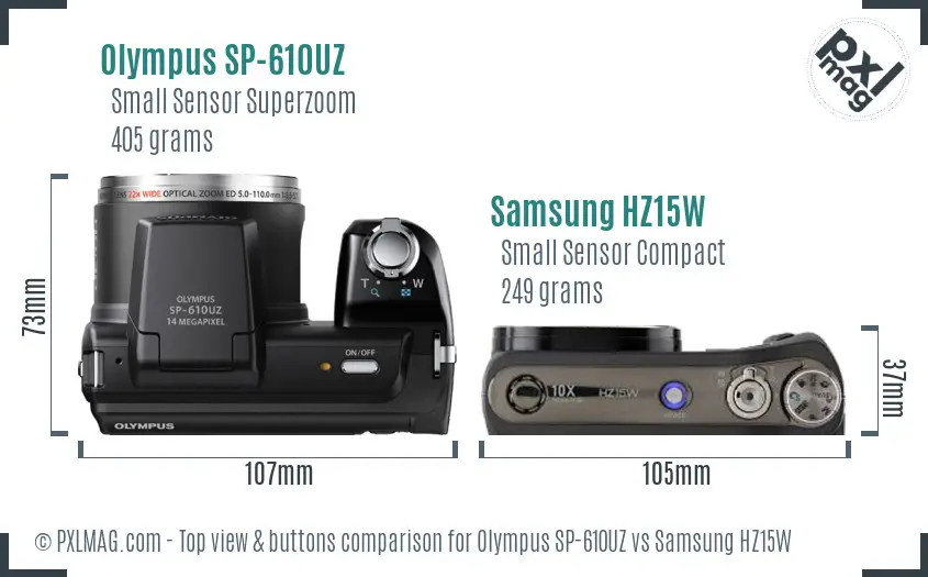 Olympus SP-610UZ vs Samsung HZ15W top view buttons comparison