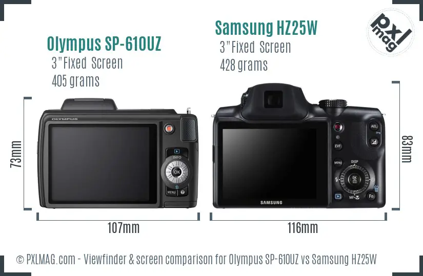 Olympus SP-610UZ vs Samsung HZ25W Screen and Viewfinder comparison