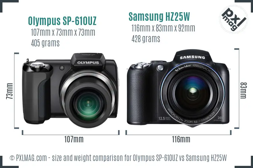 Olympus SP-610UZ vs Samsung HZ25W size comparison