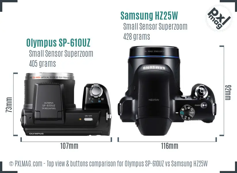 Olympus SP-610UZ vs Samsung HZ25W top view buttons comparison
