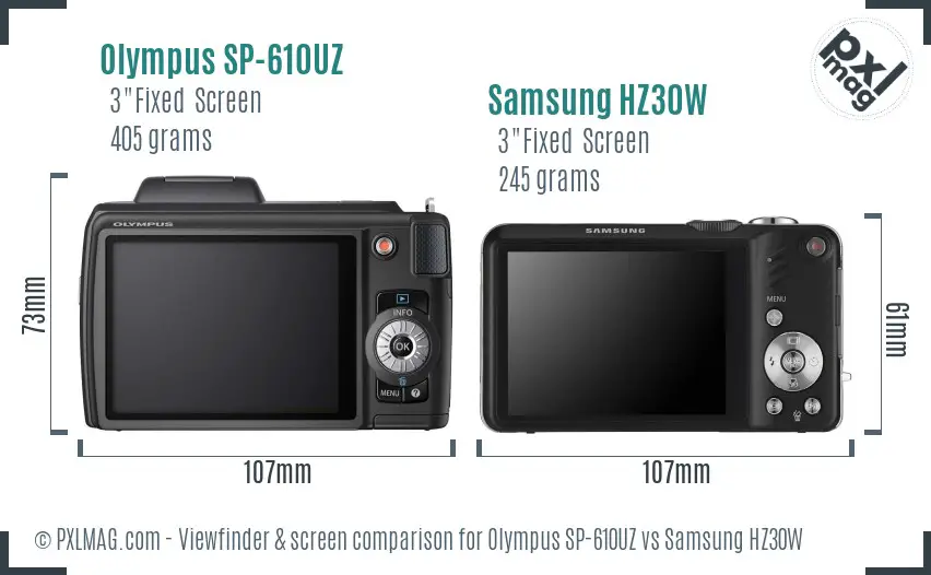 Olympus SP-610UZ vs Samsung HZ30W Screen and Viewfinder comparison