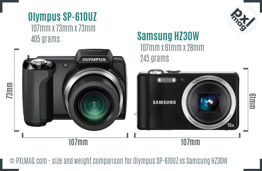 Olympus SP-610UZ vs Samsung HZ30W size comparison