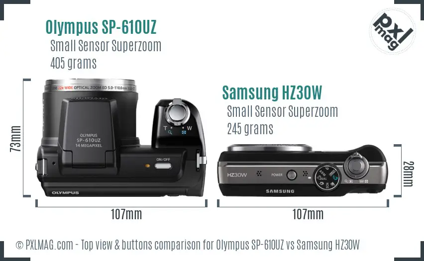 Olympus SP-610UZ vs Samsung HZ30W top view buttons comparison