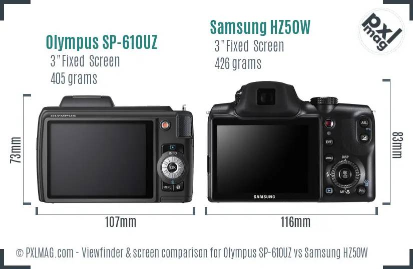 Olympus SP-610UZ vs Samsung HZ50W Screen and Viewfinder comparison