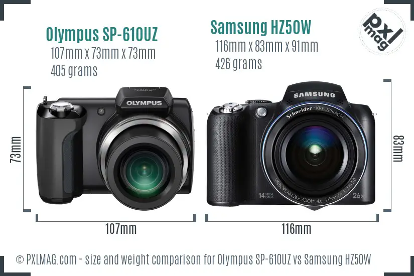 Olympus SP-610UZ vs Samsung HZ50W size comparison
