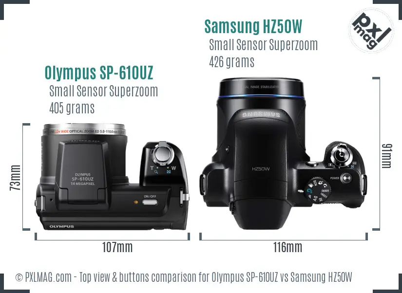 Olympus SP-610UZ vs Samsung HZ50W top view buttons comparison